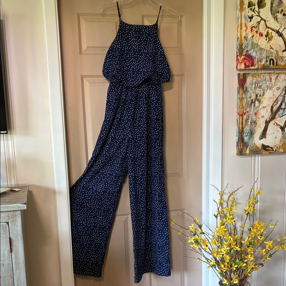 Navy Polka Dot Spaghetti-Strap Jumpsuit